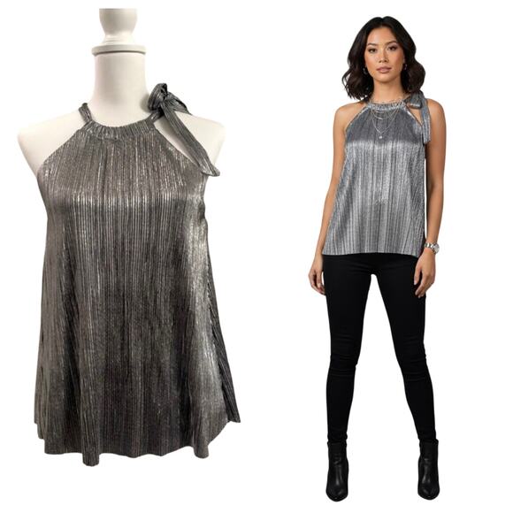 1.State Metallic Silver Pleated Halter  Plissè Tie-Neck Flowy Party Blouse - Picture 1 of 7